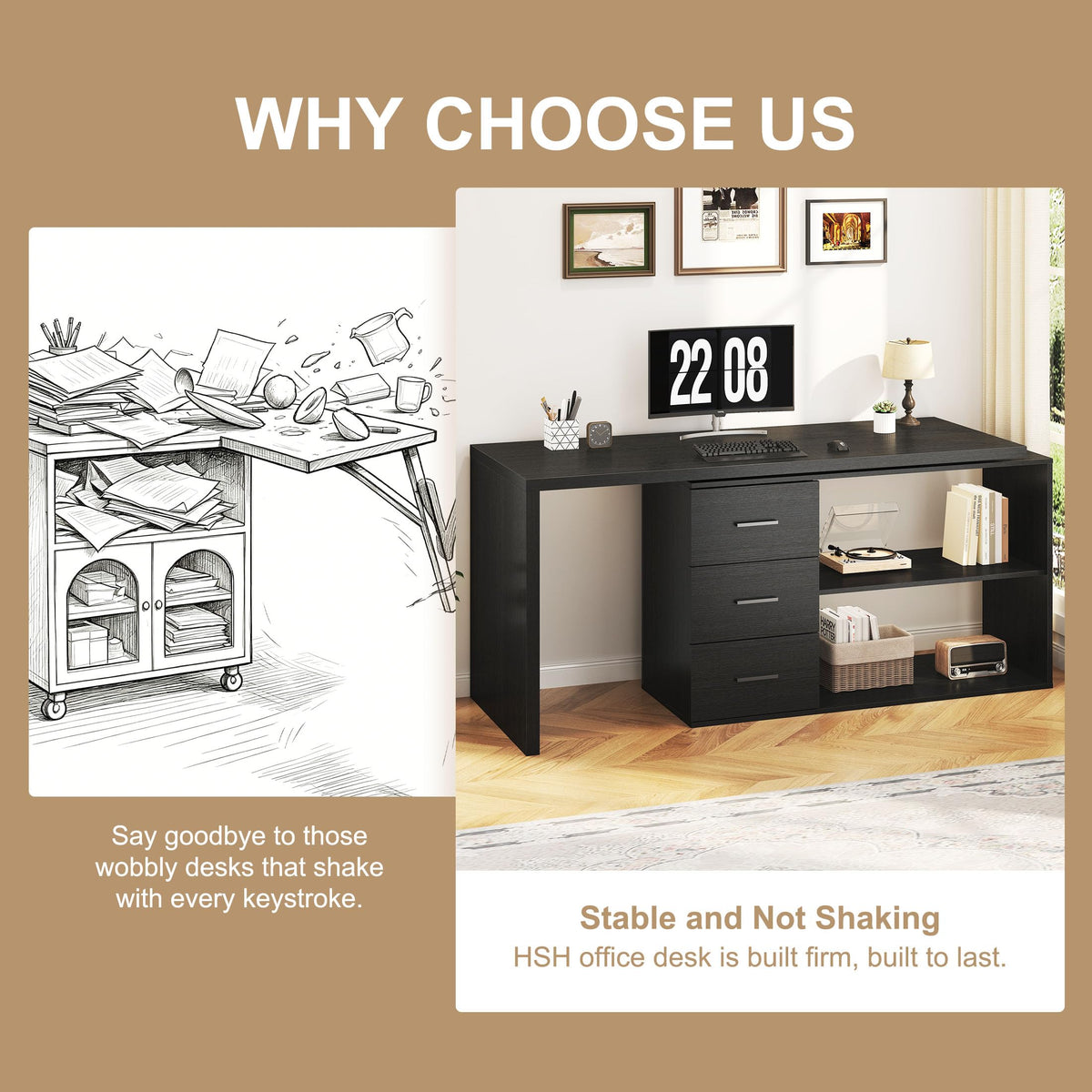 Black L Shaped Corner Desk with Storage Drawers R489