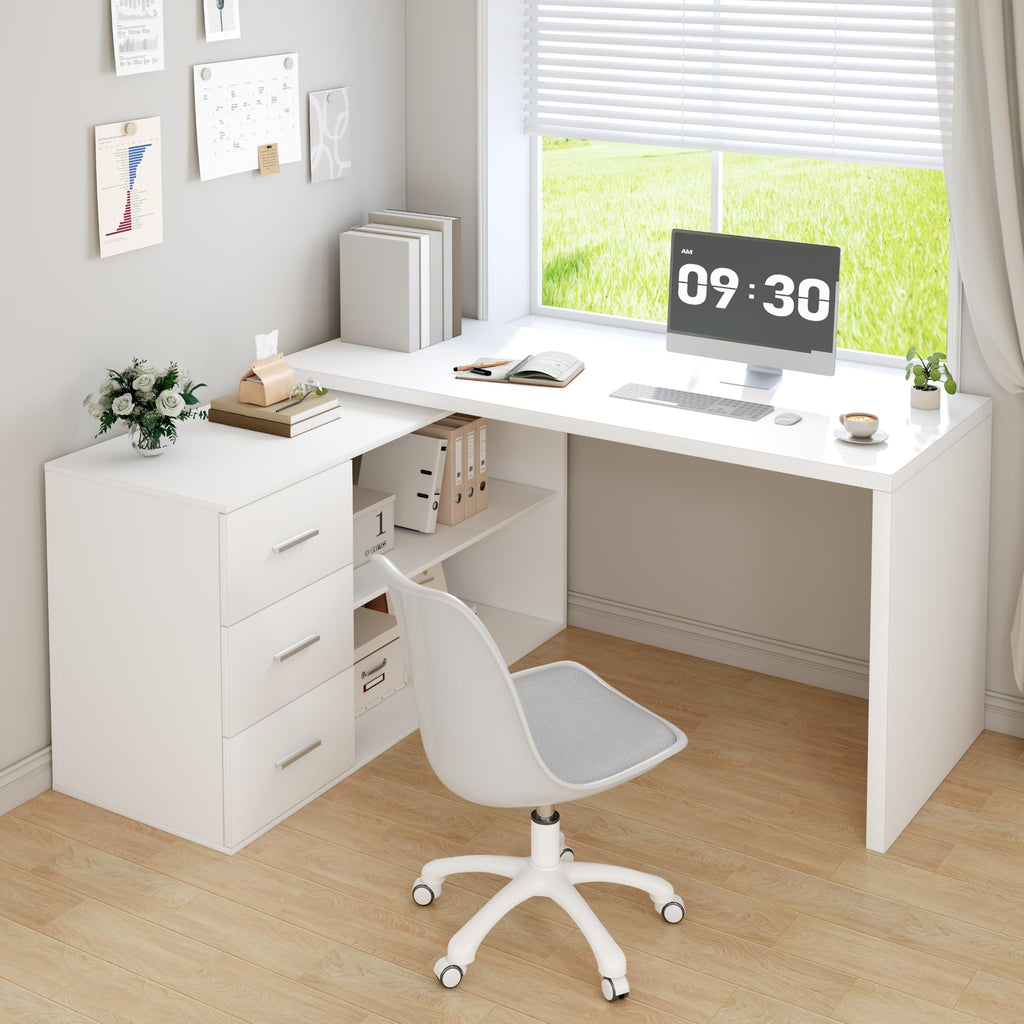 White L Shaped Corner Desk with 3 Drawers 55 inch K652907