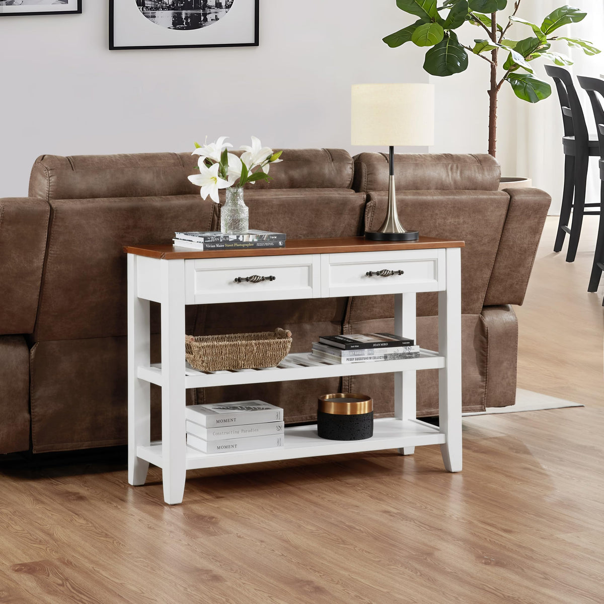 Brown White Pine Wood Console Table with 2 Open Shelves U98877