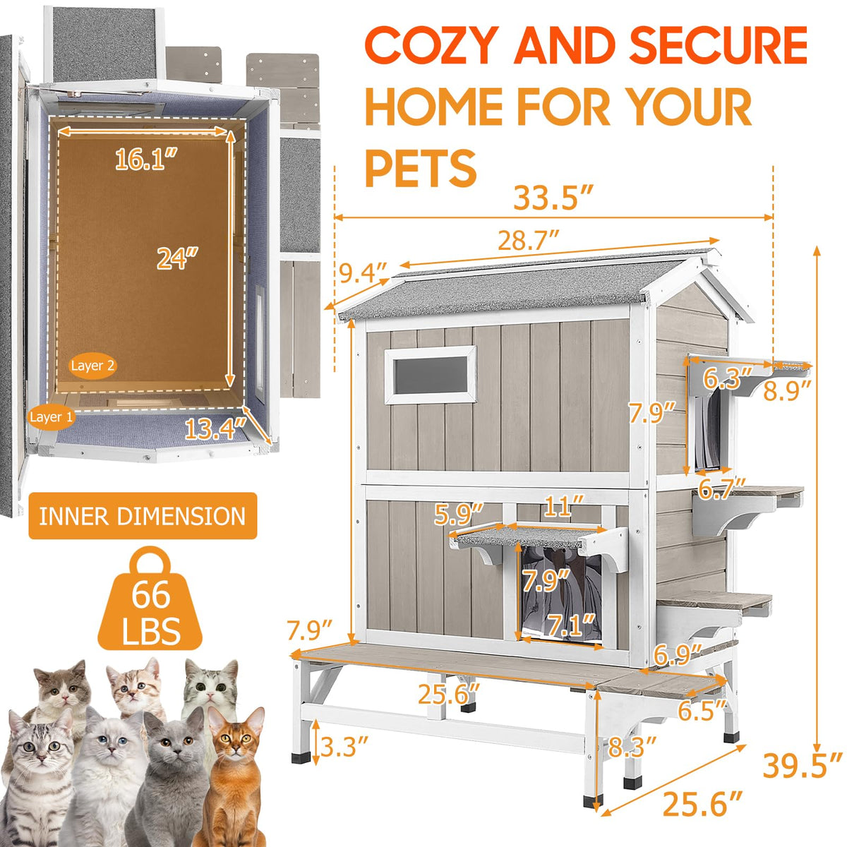 Insulated Outdoor Cat House 2-Story Wooden Shelter A35758