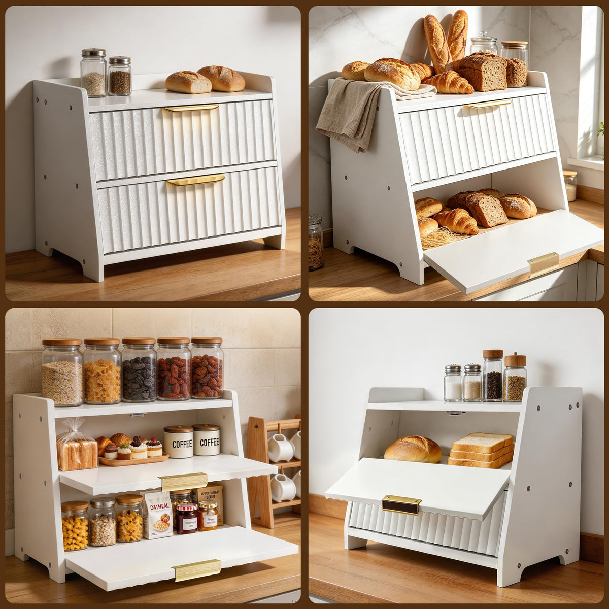 White Double Layer Wooden Bread Box E90816