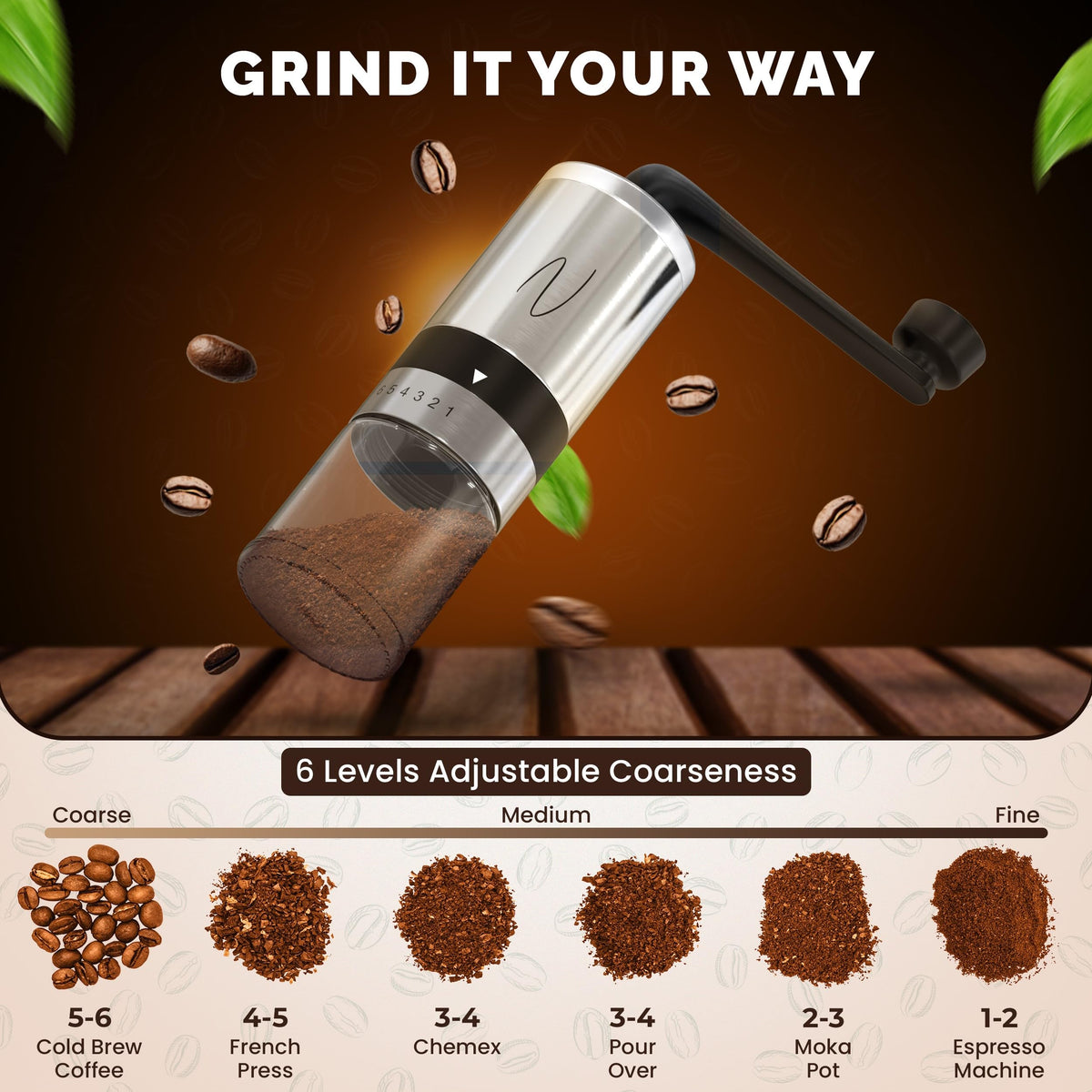 Manual Stainless Steel Hand Crank Burr Coffee Grinder R500646