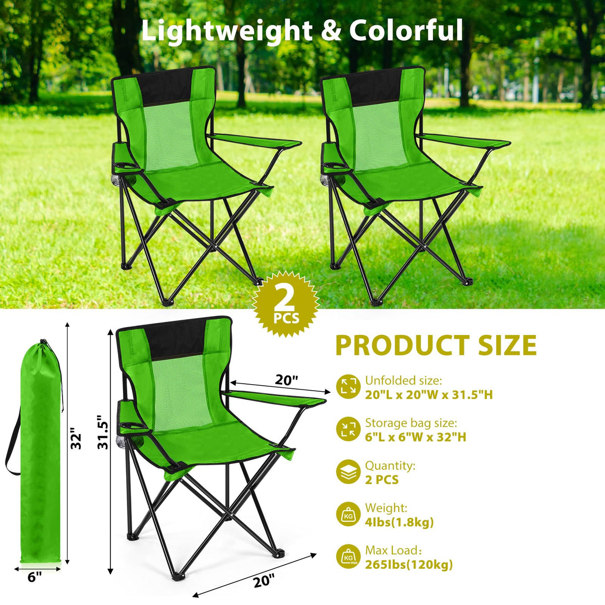 2 PCS Folding Camping Chair with Cupholder and Carry Bag G443682