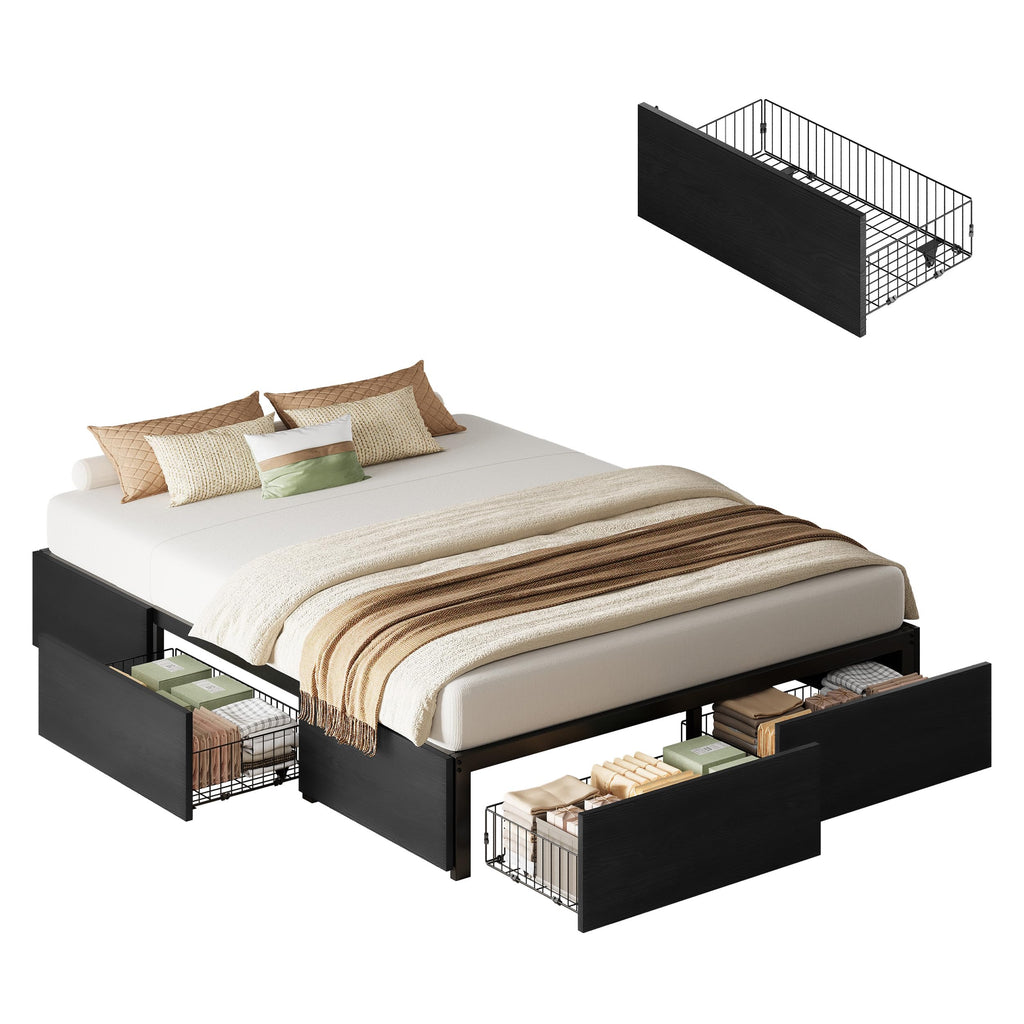 Queen Bed Frame with 4 Storage Drawers, Black L39192