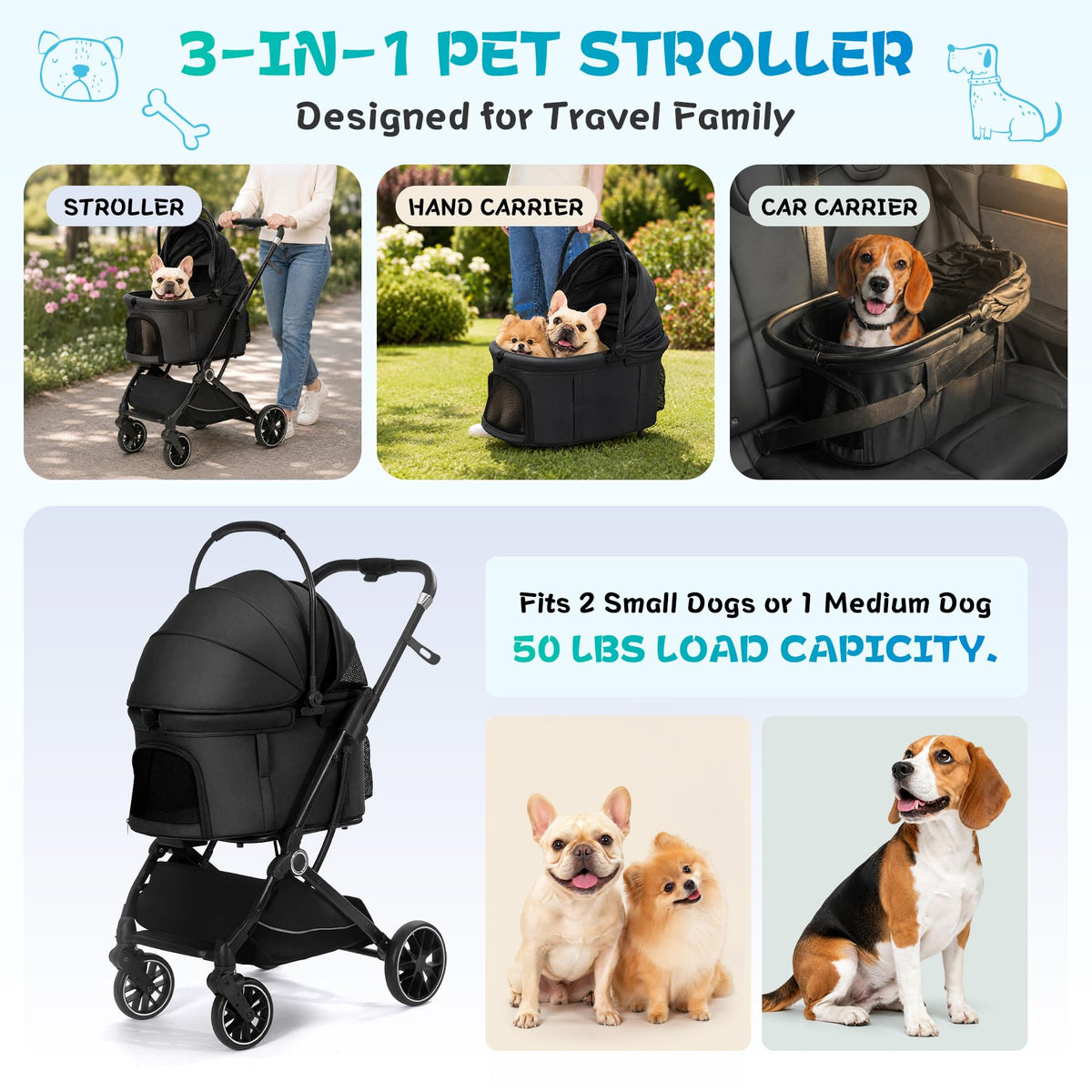 3-in-1 Pet Stroller Black M41311