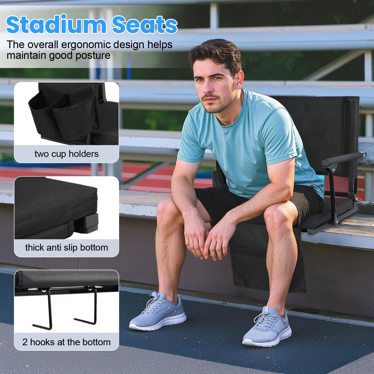 2 Pcs Black Folding Stadium Seat Cushion with Back Support I798