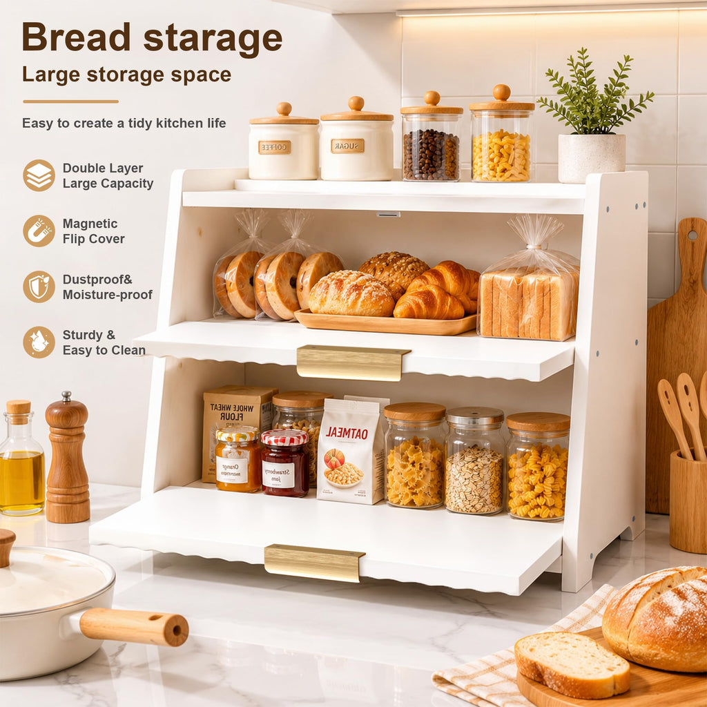 White Double Layer Wooden Bread Box E90816