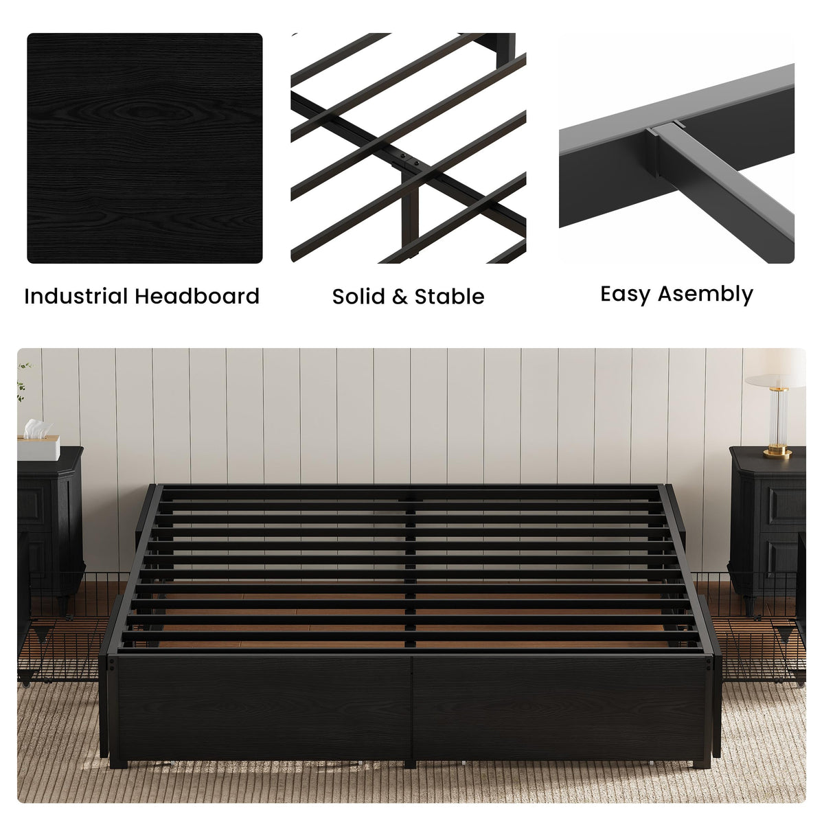 Queen Bed Frame with 4 Storage Drawers, Black L39192