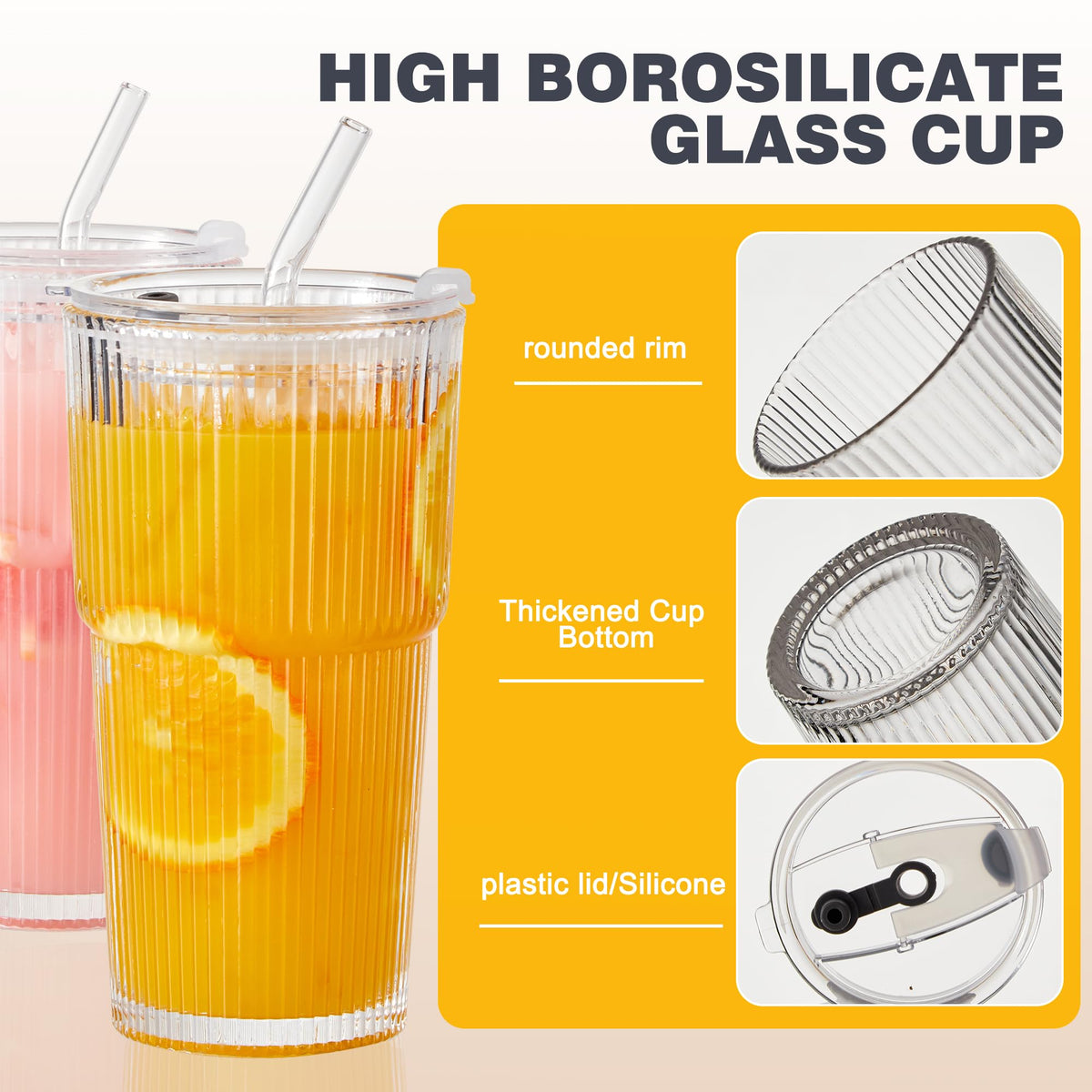 20oz Ribbed Glass Cups with Lids and Straws, Set of 4 Z3207