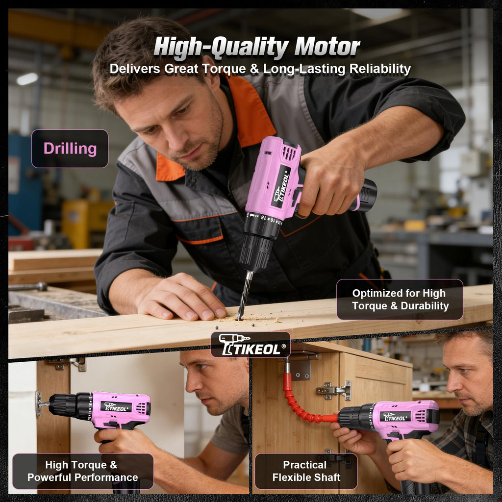 12V Cordless Drill Set with Battery & Charger, 180 In-lbs Torque, 3/8" Keyless Chuck, Pink Y20678