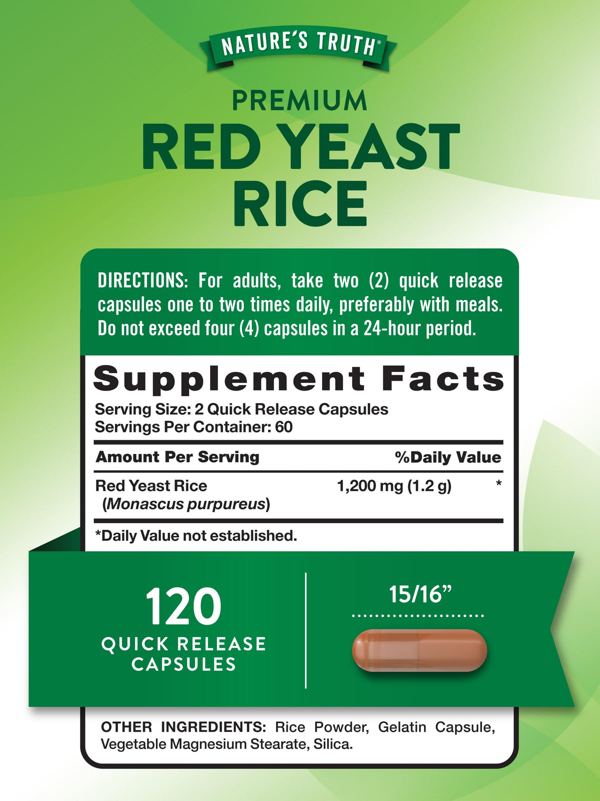 Red Yeast Rice Herbal Supplement 1200 mg 120 Capsules F199837