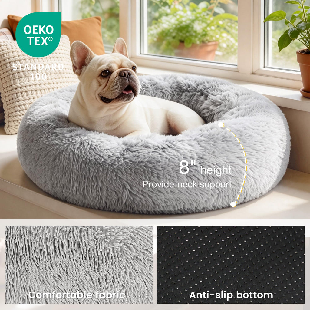 Grey 20in Fluffy Faux Fur Round Cat Bed K581