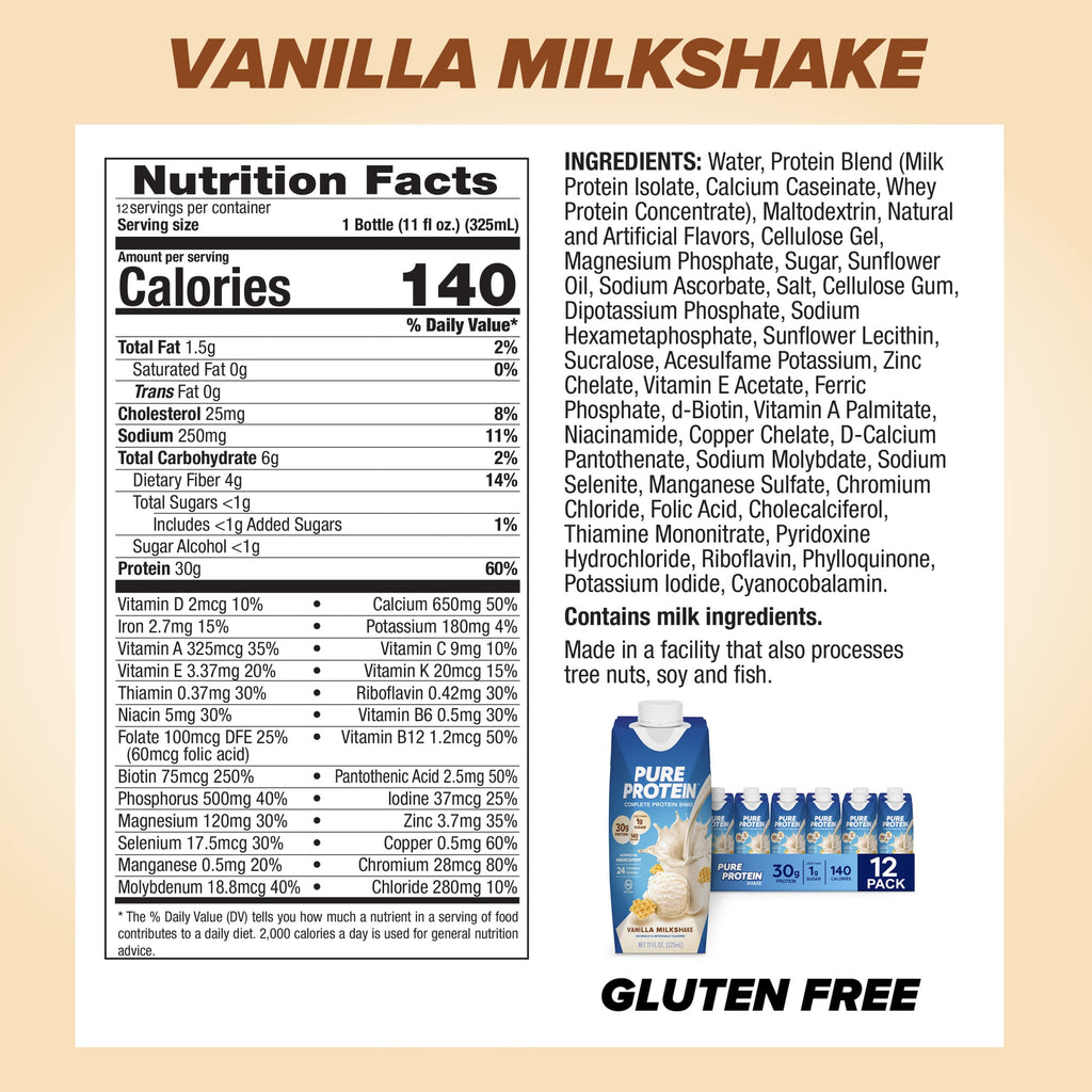 Vanilla Protein Shake, 30g Protein, Vitamins A, C, D, E, Zinc, Low Sugar, Gluten Free W897