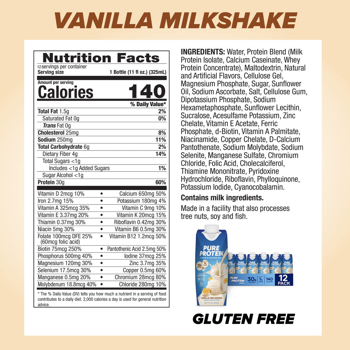 Vanilla Protein Shake, 30g Protein, Vitamins A, C, D, E, Zinc, Low Sugar, Gluten Free W897