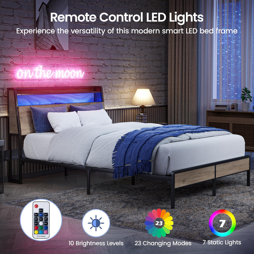 Queen Metal Platform Bed Frame with RGB Lights and Outlets H166