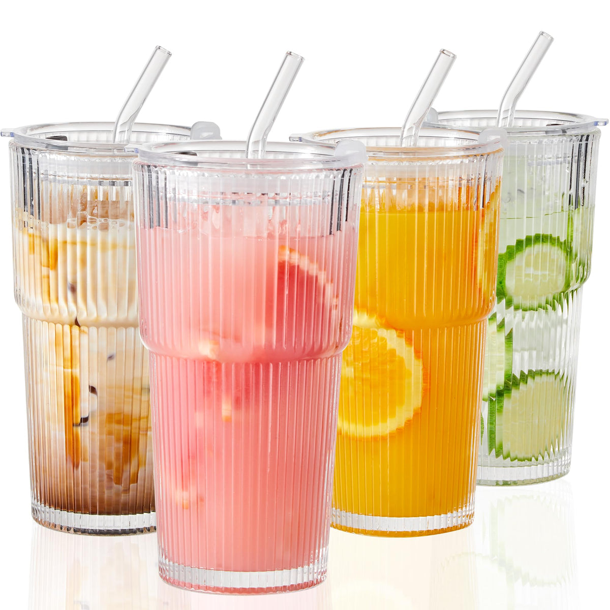 20oz Ribbed Glass Cups with Lids and Straws, Set of 4 Z3207