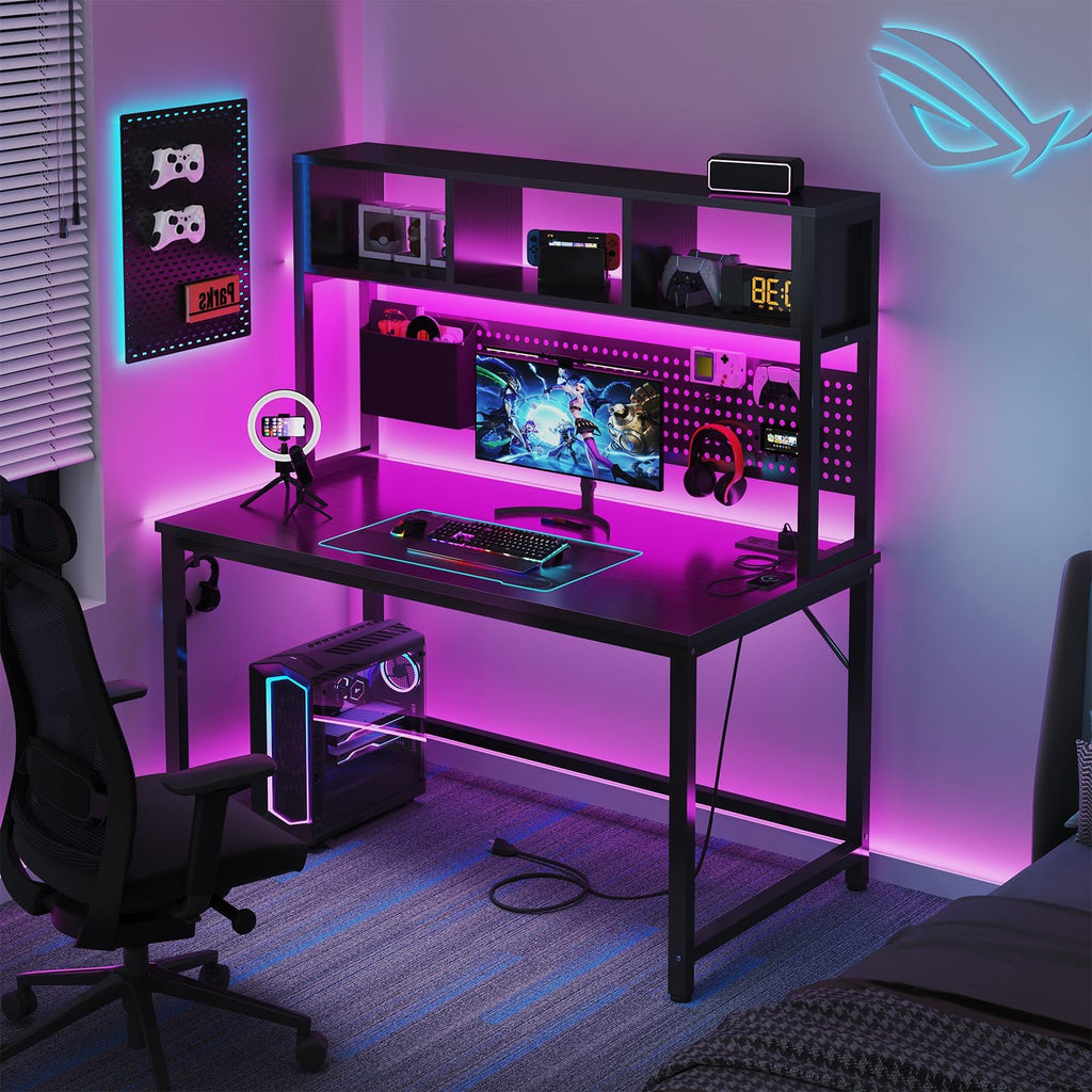 Black 47 Inch Gaming Desk with Hutch and Pegboard I518812
