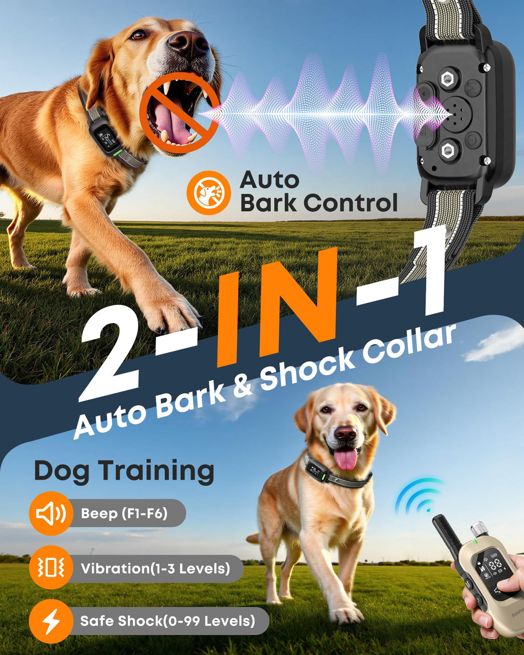 2-in-1 Dog Bark & Shock Collar with Remote F98204