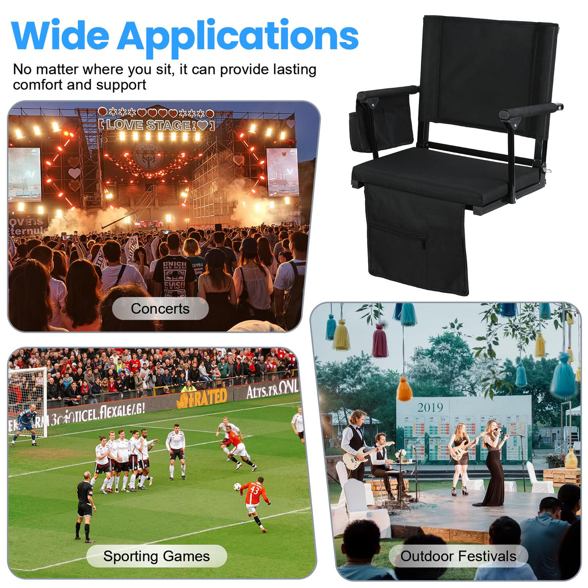 2 Pcs Black Folding Stadium Seat Cushion with Back Support I798