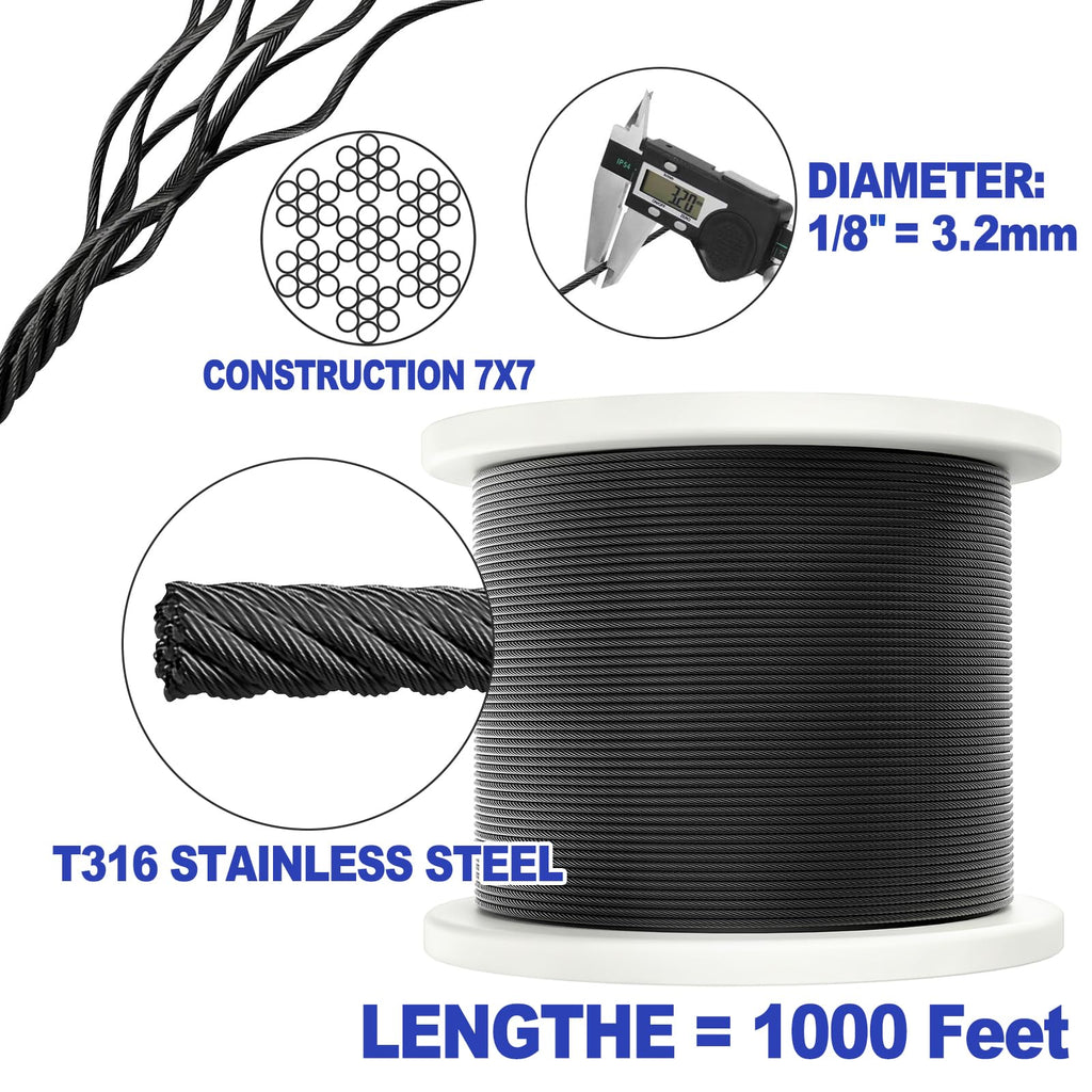 1000FT 1/8" Black T316 Stainless Steel Cable I879809