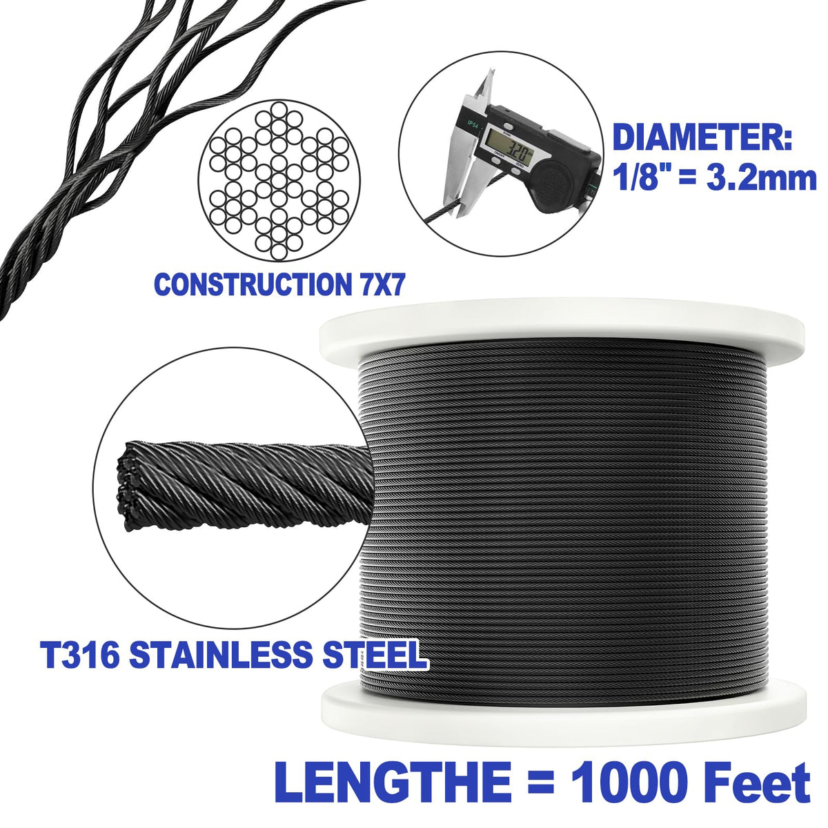 1000FT 1/8" Black T316 Stainless Steel Cable I879809
