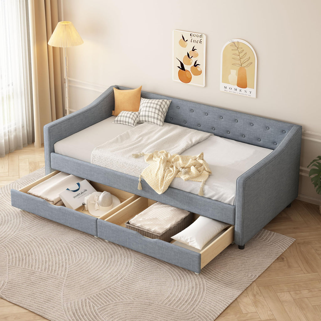 Twin Size Light Grey Linen Upholstered Wood Daybed with Two Drawers L272