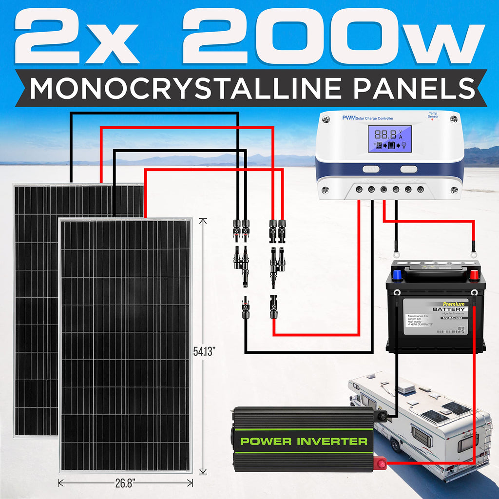 400 Watt 12V Portable Solar Starter Kit with 2 Pcs 200W Monocrystalline Set and 30A PWM Controller B2535