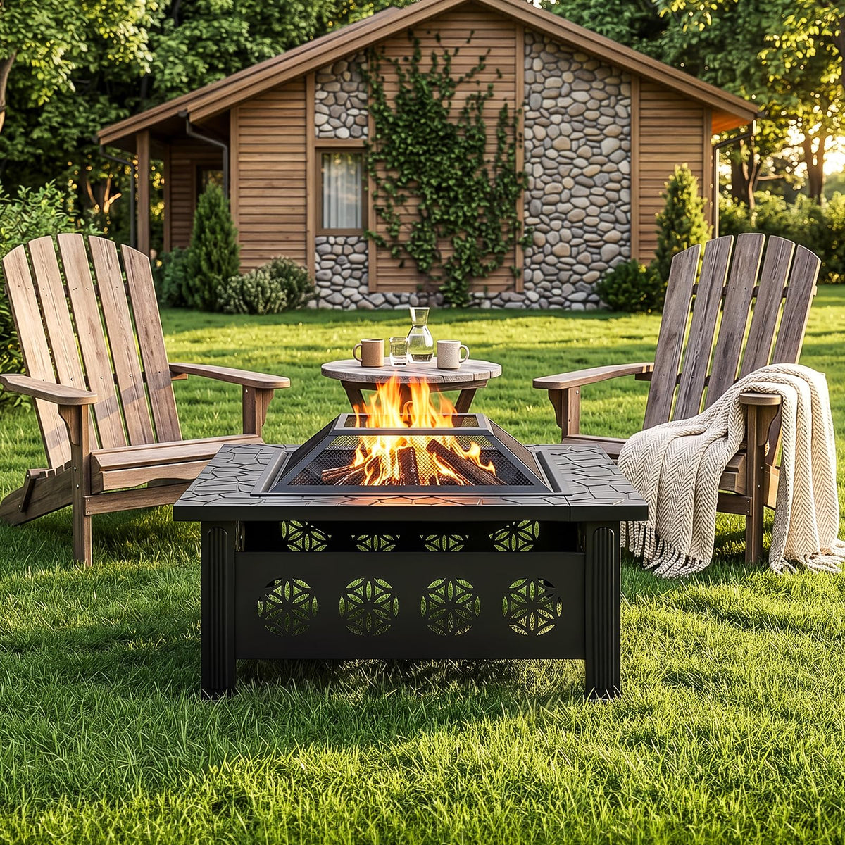 32 Inch Square Wood Burning Fire Pit Table with Spark Screen Lid and Fire Poker Z5469
