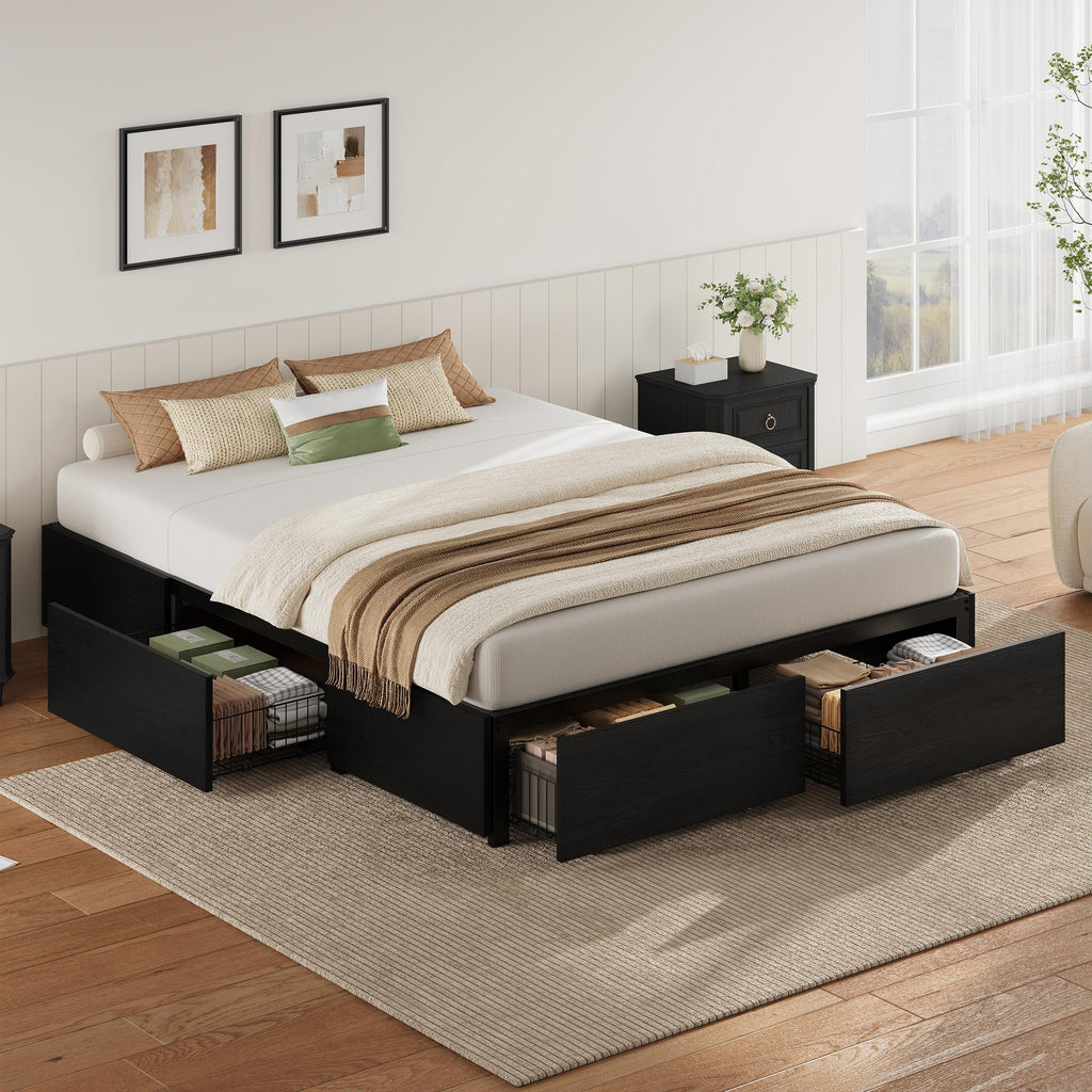 Queen Bed Frame with 4 Storage Drawers, Black L39192