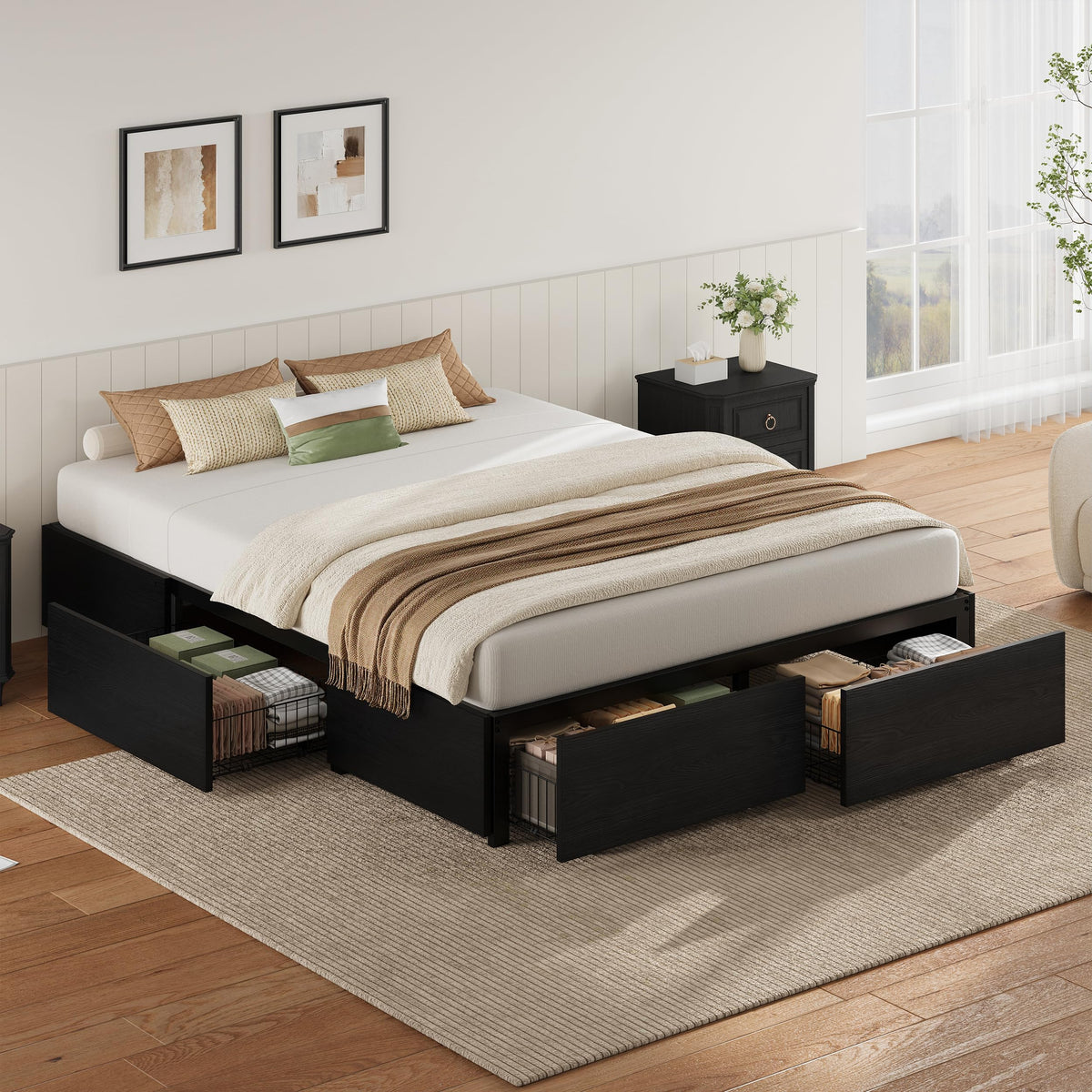 Queen Bed Frame with 4 Storage Drawers, Black L39192