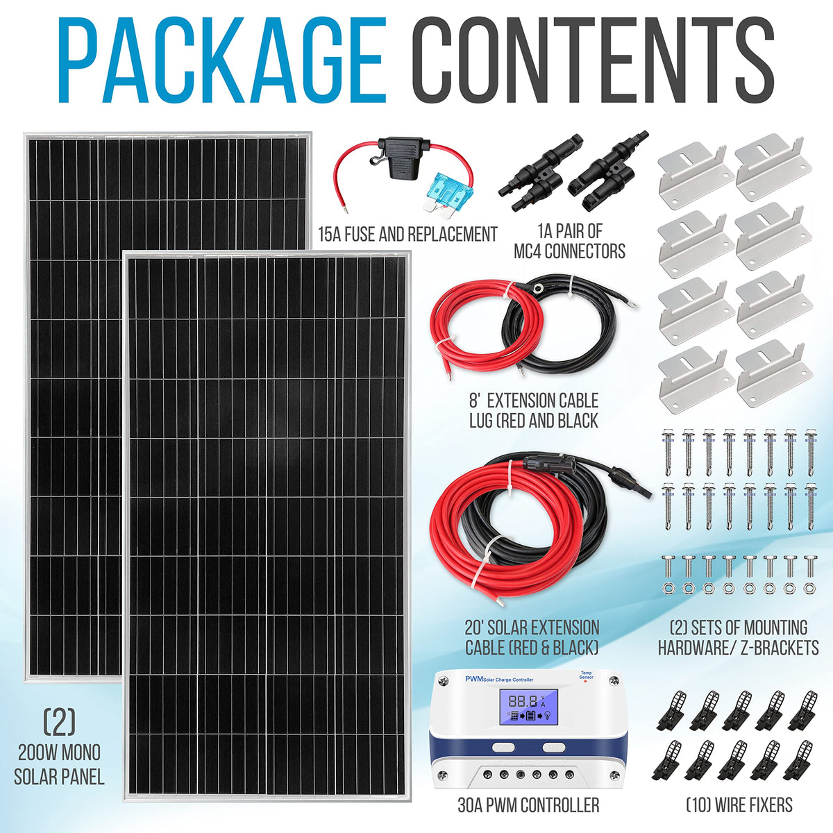 400 Watt 12V Portable Solar Starter Kit with 2 Pcs 200W Monocrystalline Set and 30A PWM Controller B2535