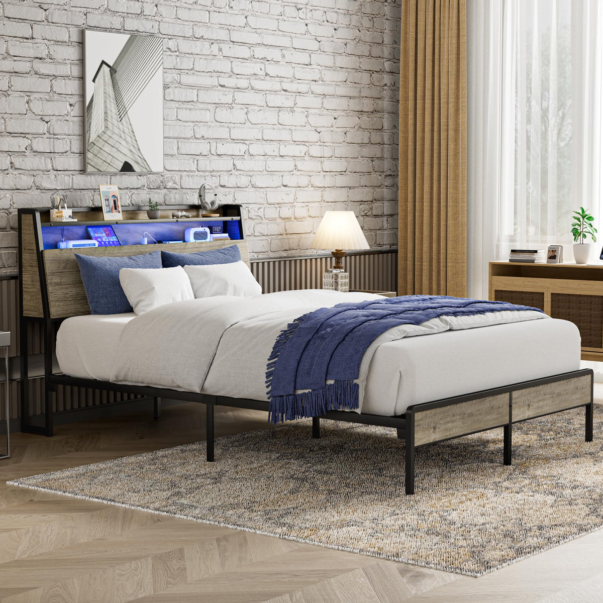 Queen Metal Platform Bed Frame with RGB Lights and Outlets H166