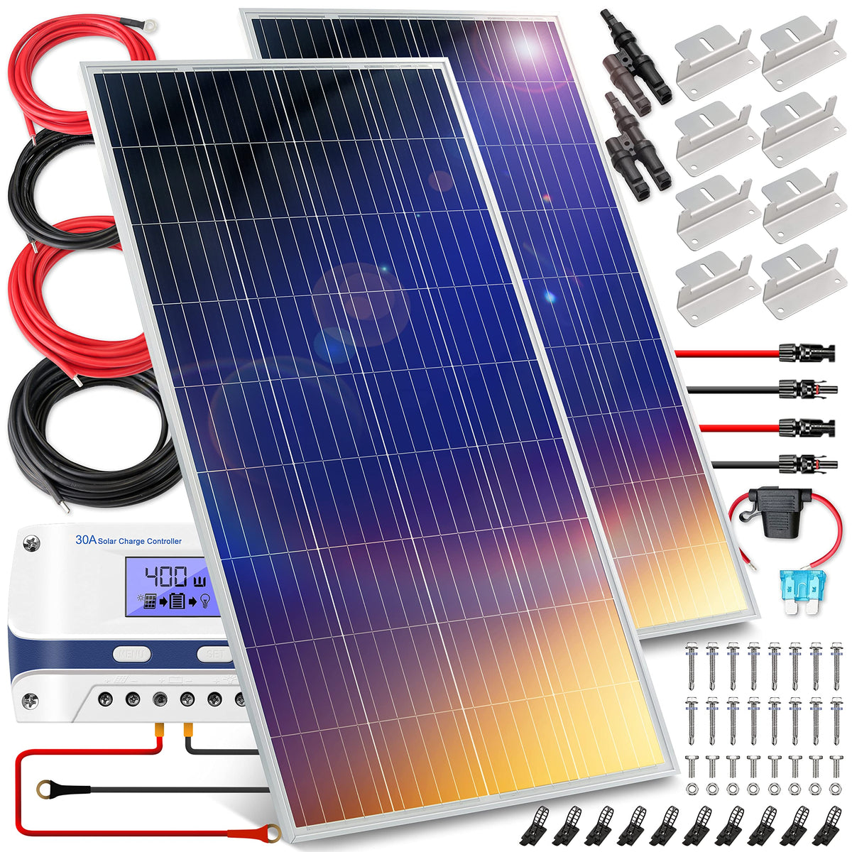 400 Watt 12V Portable Solar Starter Kit with 2 Pcs 200W Monocrystalline Set and 30A PWM Controller B2535