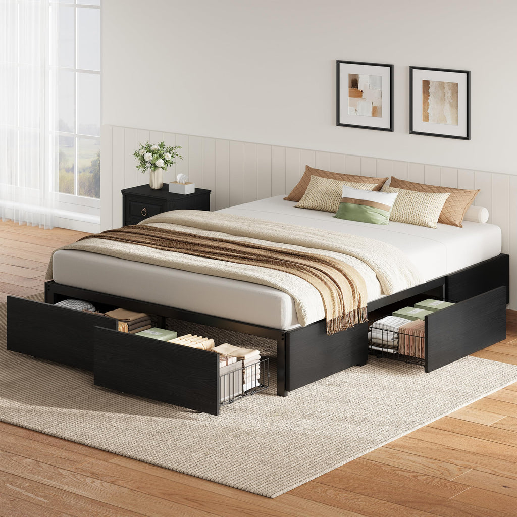 Queen Bed Frame with 4 Storage Drawers, Black L39192