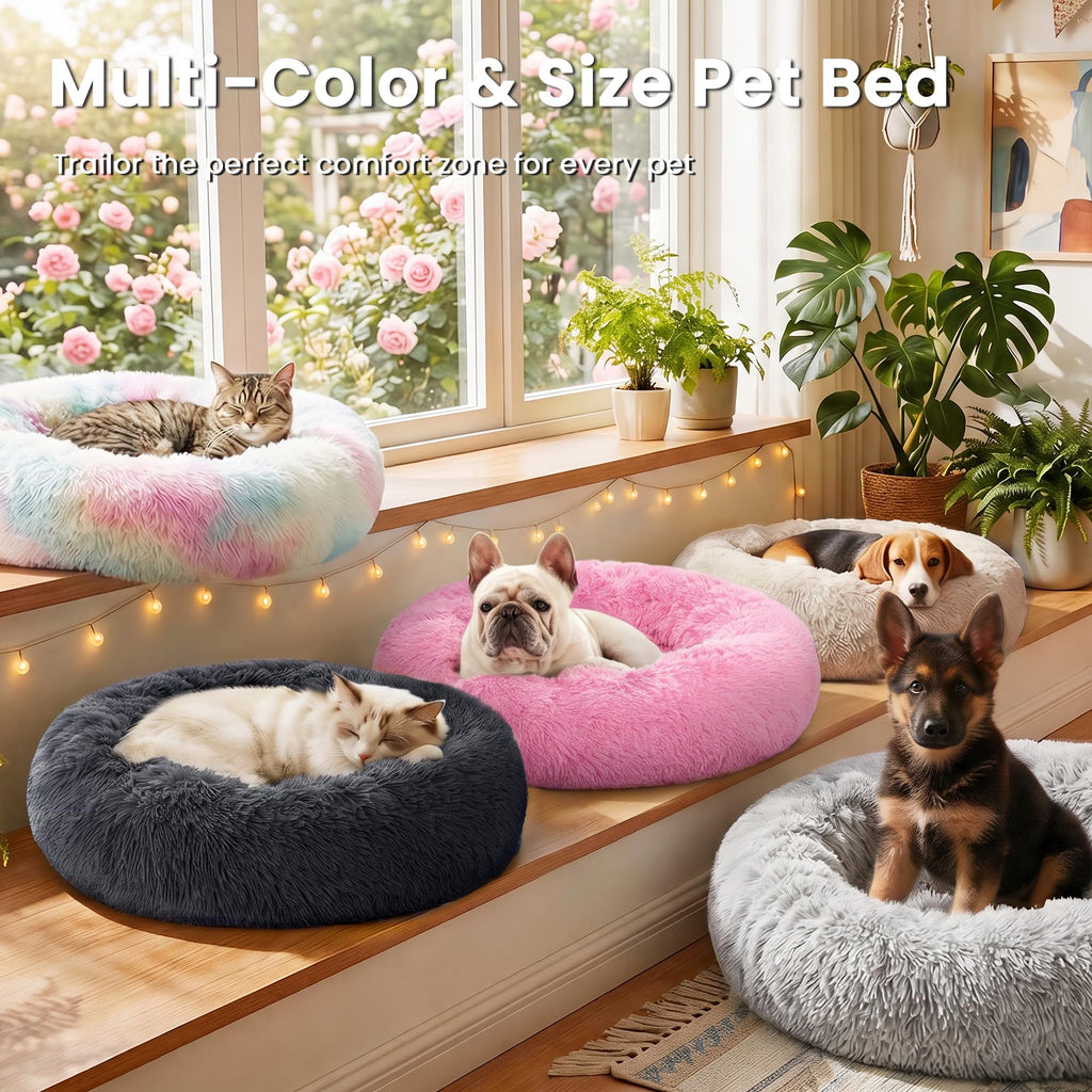 Grey 20in Fluffy Faux Fur Round Cat Bed K581