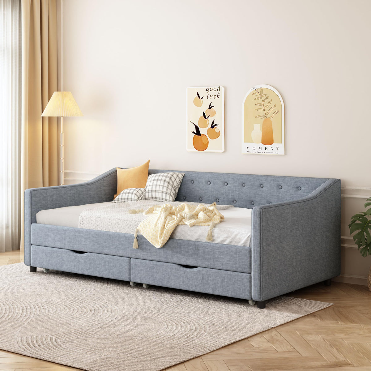 Twin Size Light Grey Linen Upholstered Wood Daybed with Two Drawers L272