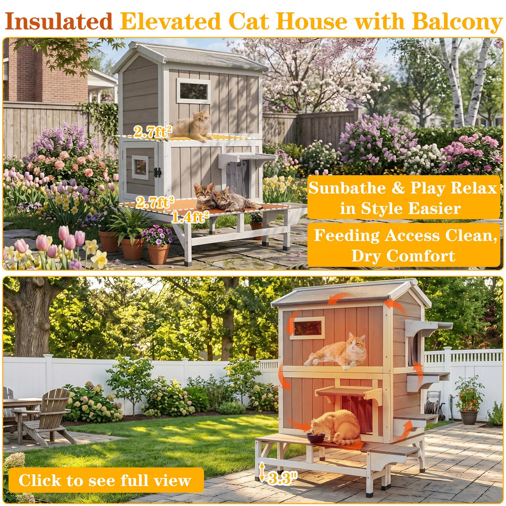 Insulated Outdoor Cat House 2-Story Wooden Shelter A35758