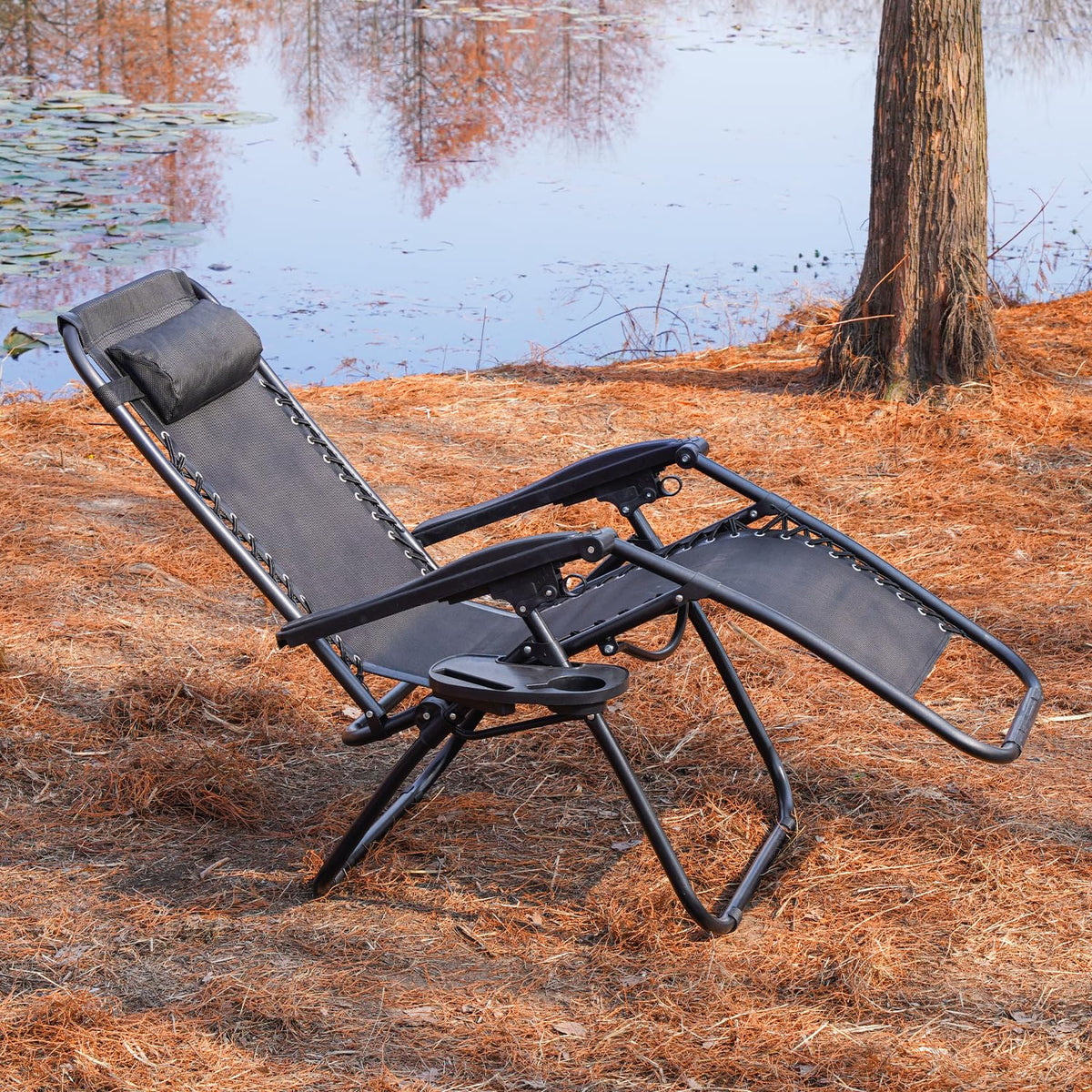 Black Adjustable Steel Mesh Zero Gravity Lounge Chair with Pillow and Cup Holder G626