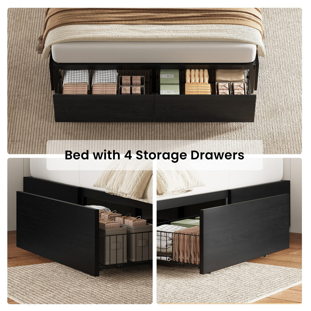 Queen Bed Frame with 4 Storage Drawers, Black L39192